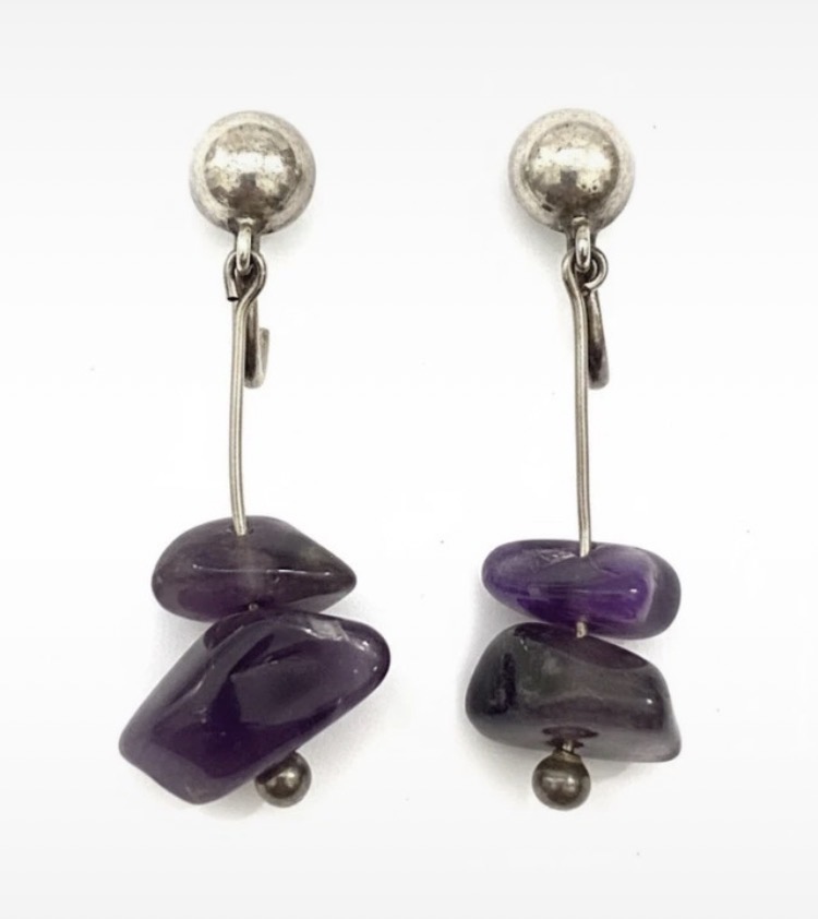 Lot 178: Vintage Silver & Amethyst Screw-Back Earrings - Mid-Century Boho