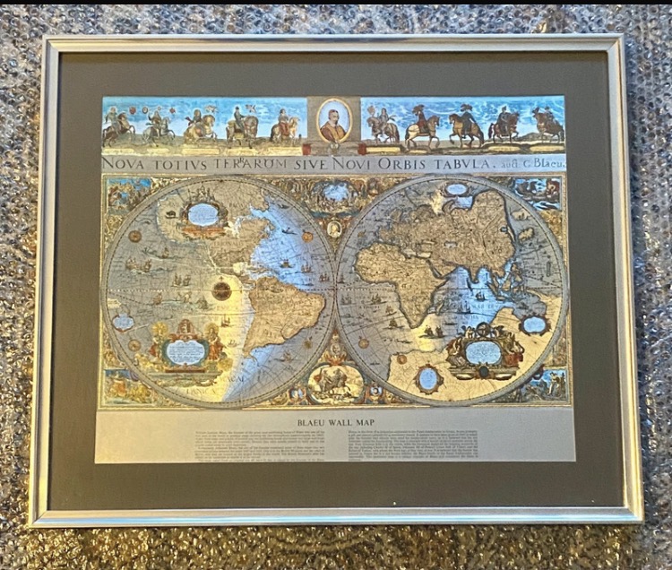 Lot 004: Vintage Silver Foil World Map – Framed Willem Blaeu Cartography Art (63x53cm)