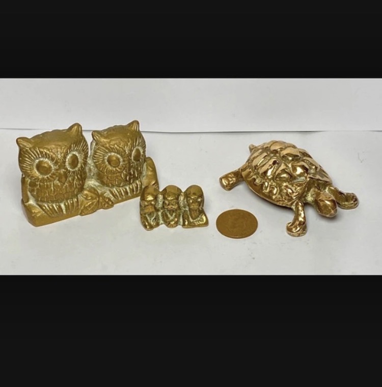 Lot 303: Vintage Solid Brass Animal Bundle - Three Wise Monkeys, Owls & Turtle