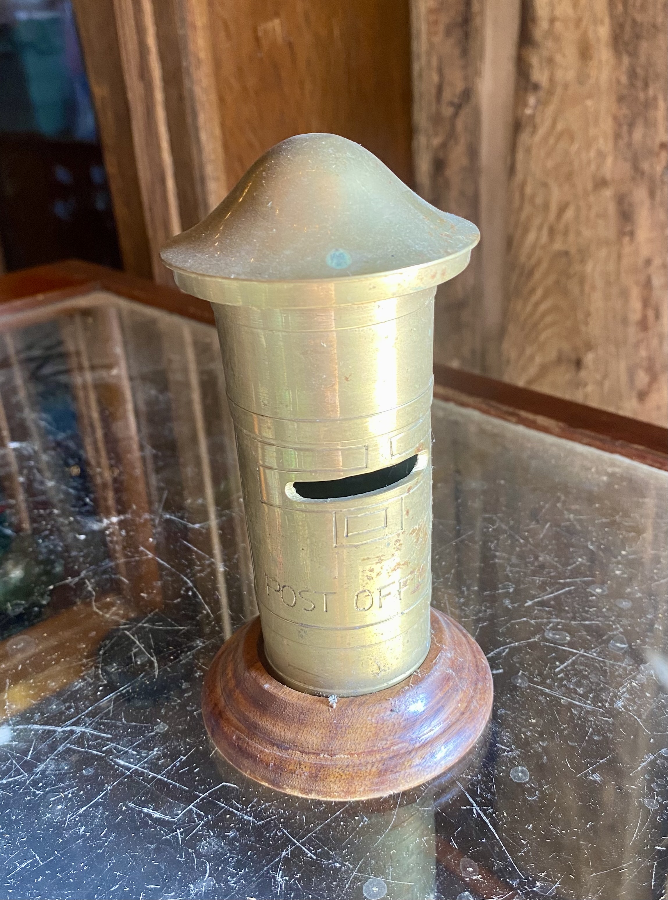 Lot 254: Vintage Solid Brass Post Office Pillar Box Money Box on Turned Wooden Base