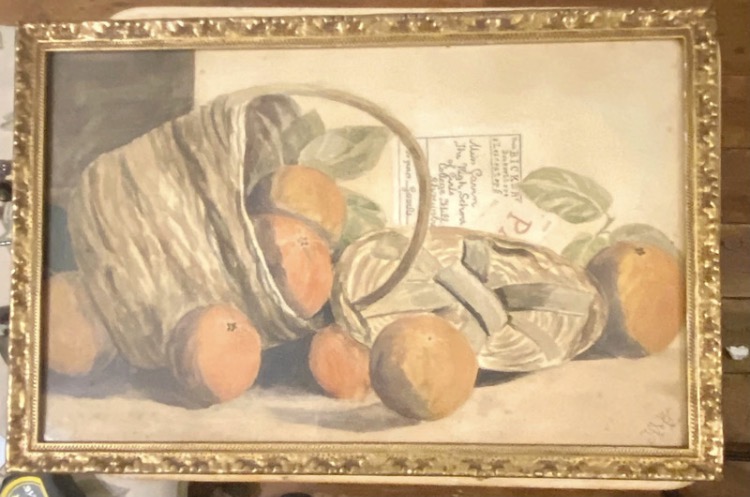 Lot 196: Vintage Still Life Oil/Watercolor Painting – Oranges in Basket with Shrewsbury High School History – Framed 51x33cm