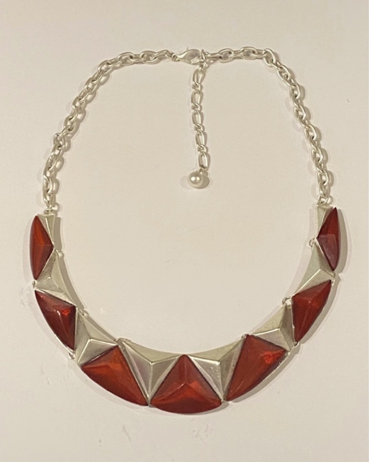 Lot 042: Vintage Style Red & Silver Statement Necklace | 60cm Long Retro Boho