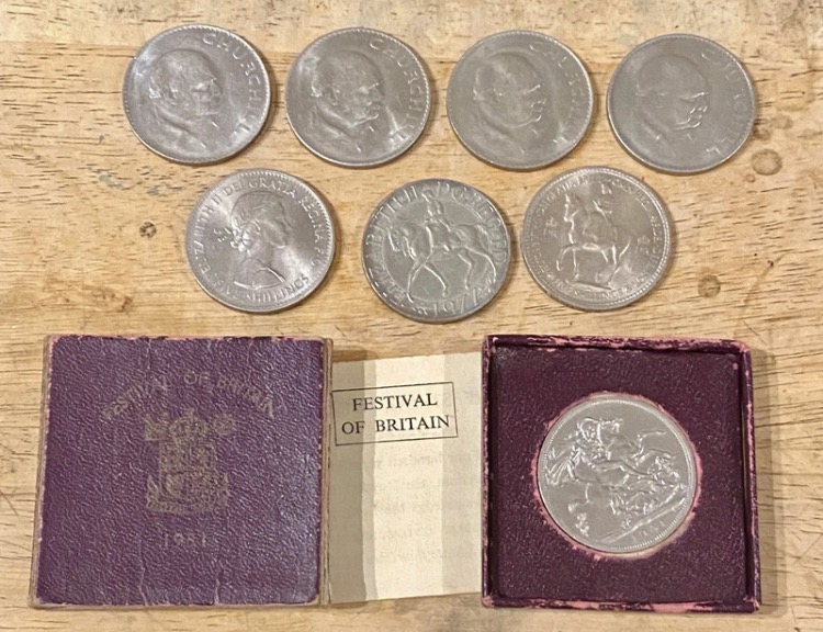 Lot 171: Vintage UK Commemorative Crown Coin Collection (x8) - Boxed 1951 Festival of Britain, 1965 Churchill, 1953 Coronation, 1972 Silver Wedding