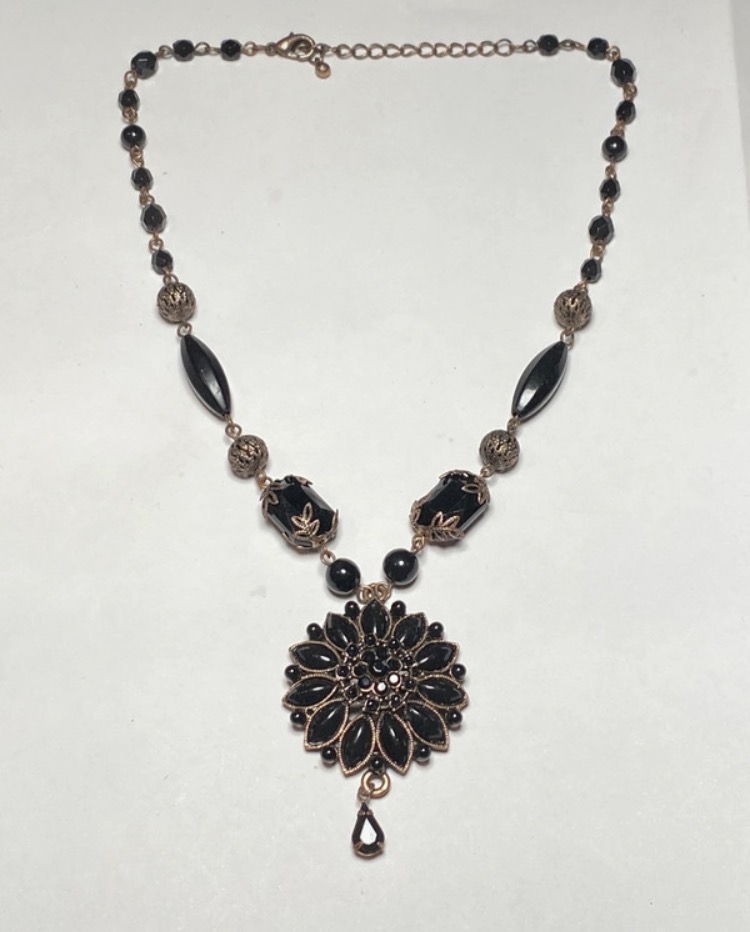 Lot 164: Vintage Victorian Revival Black Acrylic Necklace - Gothic / Filigree Drop